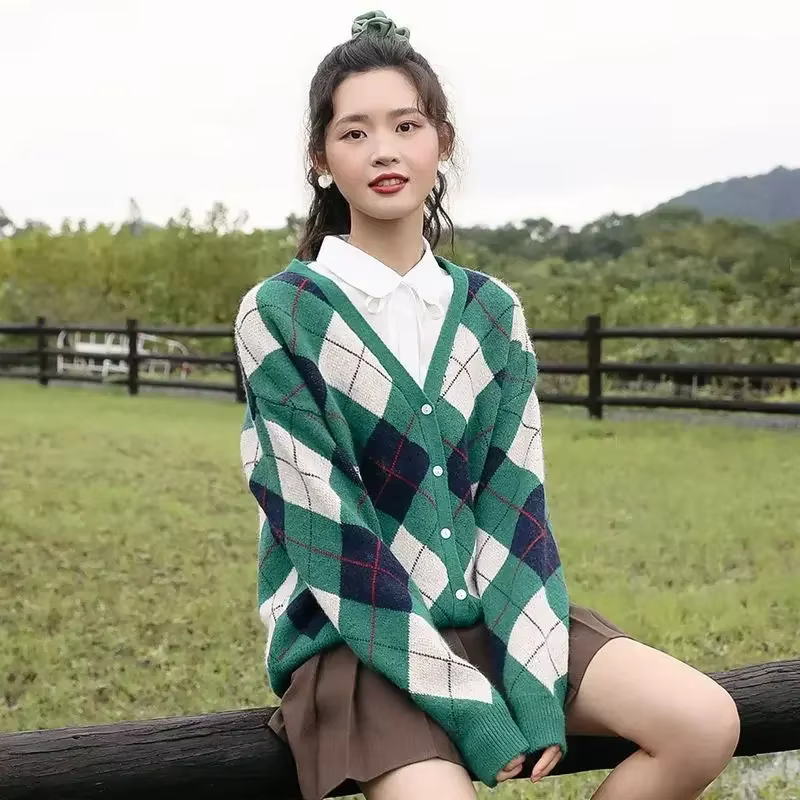 Hauts en tricot pour femme à carreaux vert col en v pull femme Cardigan Crochet économie tendance 20