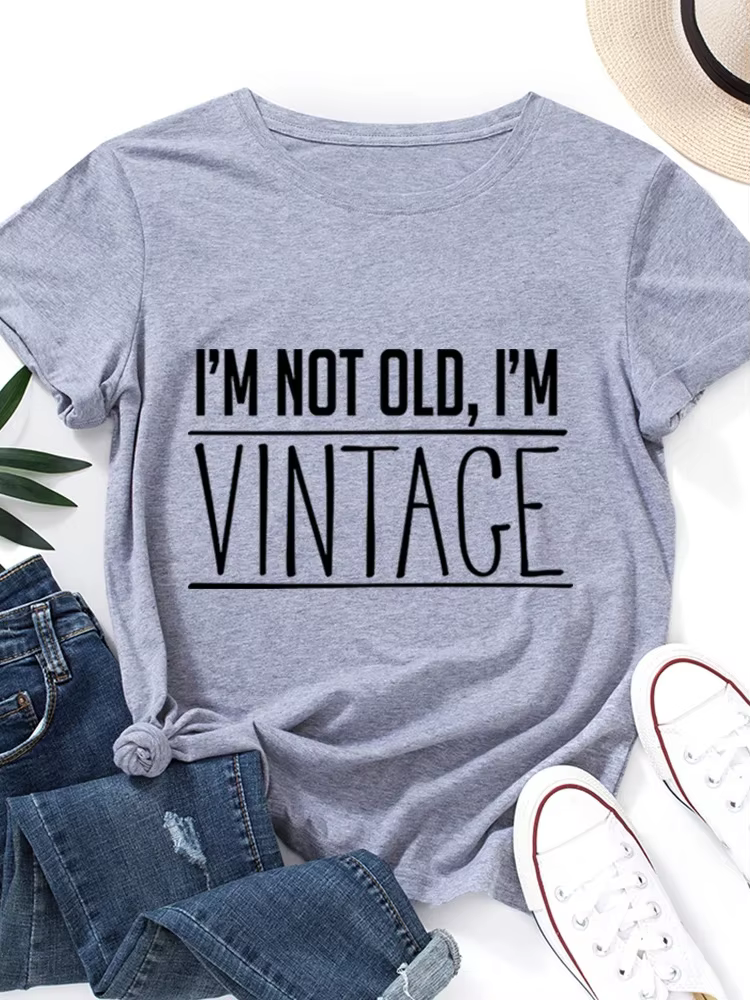 T-shirt manches courtes col rond femme, vintage, imprimé, je ne suis pas vieux, je suis