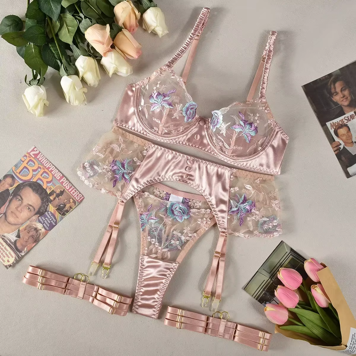 Ellolace – Lingerie sensuelle pour femmes, sous-vêtements fantaisie en soie transparente, jarretelle