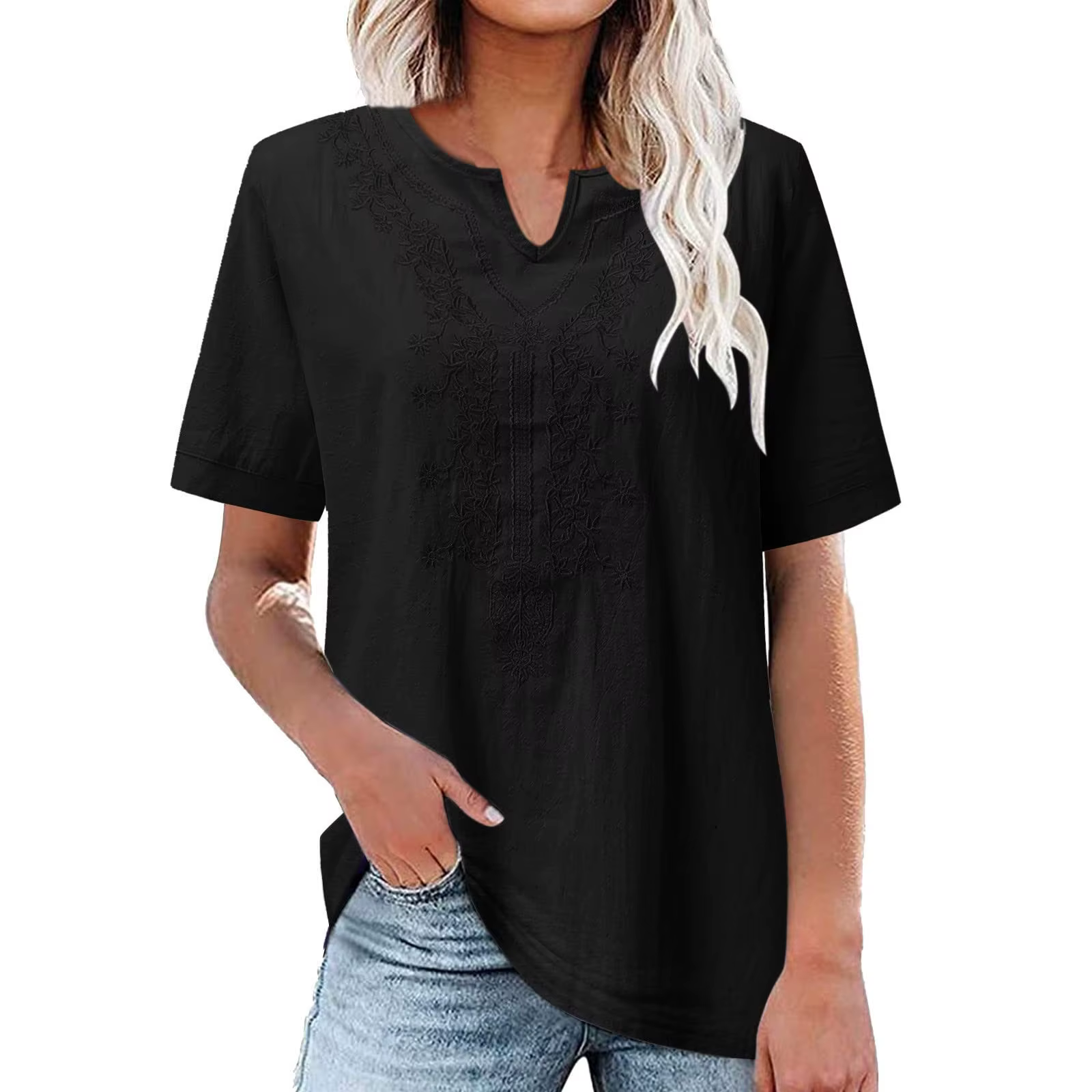 T-shirt décontracté ample à manches courtes en lin et coton brodé avec col en V et poche pour femme