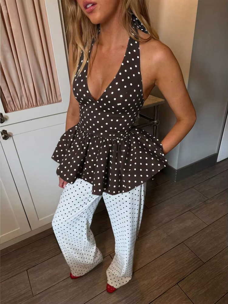 Haut court femme à pois, col licou, style rétro décontracté, sexy, col en V profond, semi-ajusté, co