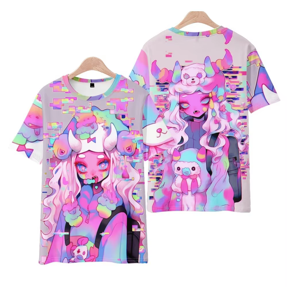 T-shirt Harajuku Kawaii Anime Print pour femmes, chemisier arc-en-ciel coloré rose, Économie girly m