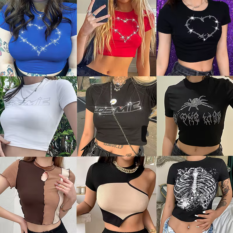 Y2k-T-shirt à Manches Courtes et Col Rond pour Femme, Vêtement d'Été Sexy, Punk, Vintage, Gothique,