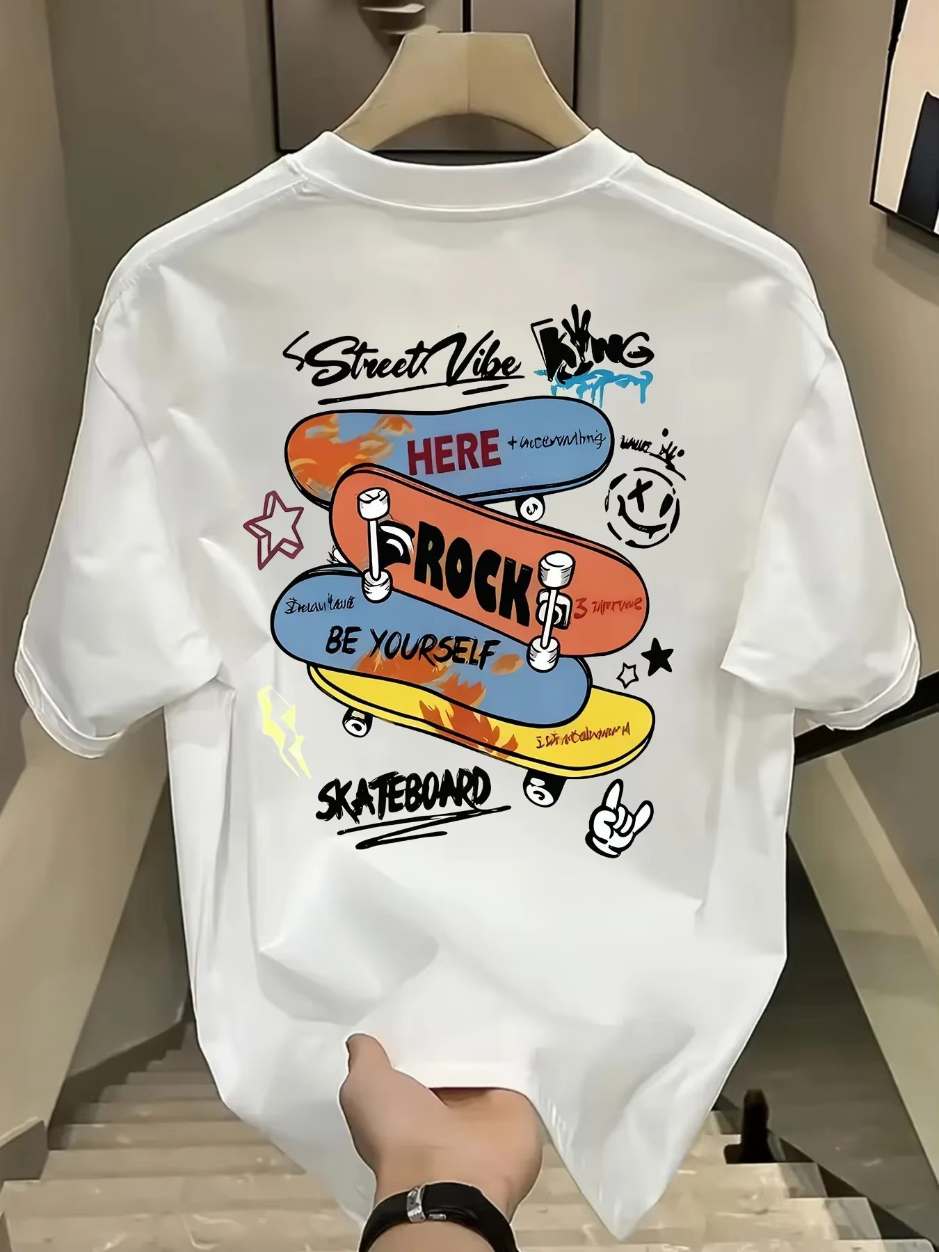 T-shirt à manches courtes pour homme, 100% coton, imprimé skateboard street vibe, décontracté, pour 
