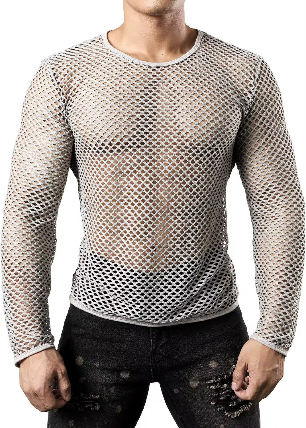 2025 hommes t-shirt maille Transparent col rond à manches longues T-shirts Sexy Streetwear mode fête