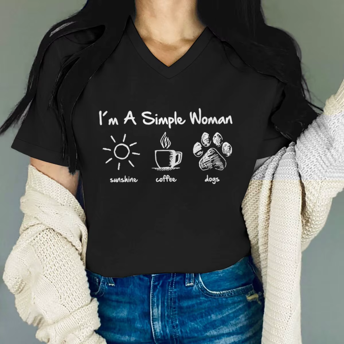 T-shirts pour femmes, motif « Je suis une femme simple » avec lettres, soleil, café, chien, design r