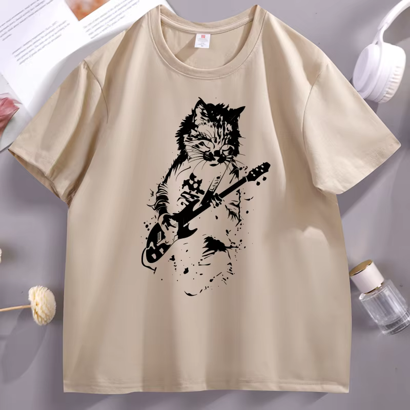 T-shirt Rock Cat Guitar, t-shirt drôle pour les amoureux des chats, pour hommes et femmes, imprimé t