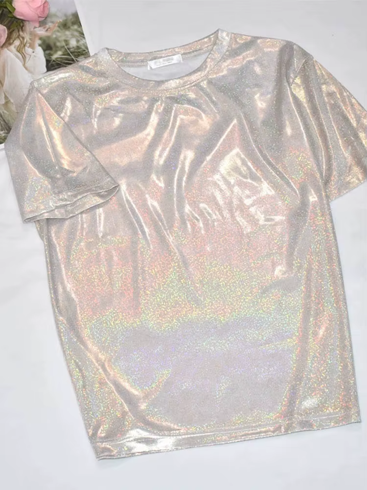 T-shirt manches courtes femme, estival et élégant, en soie brillante, ample, sexy, esthétique, haraj