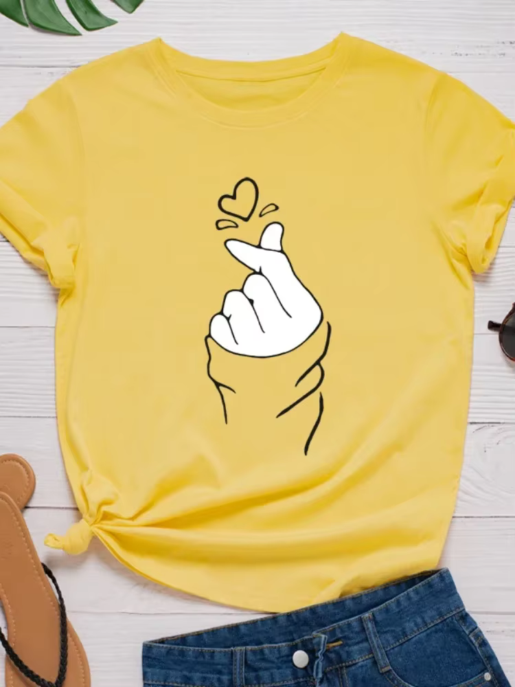 T-shirt manches courtes col rond femme, ample, à la mode, avec doigts et cœur imprimés