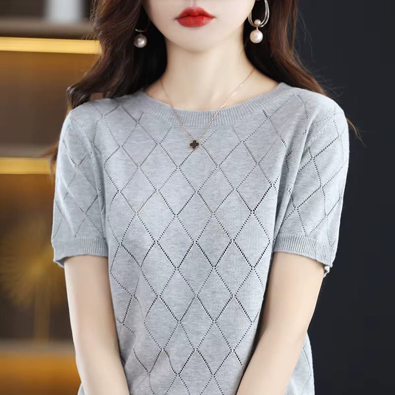 T-shirt à manches courtes et col rond pour femme, pull fin, 100% coton, pull creux en diamant, t-shi