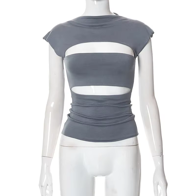Sexy Wrap poitrine évider col roulé mince t-shirt femmes manches courtes chemise à bascule dames t-s