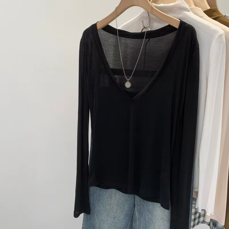 Nouveau T-shirt léger d'été pour femme à col en V et manches longues en fibre de Lyocell, chemise de