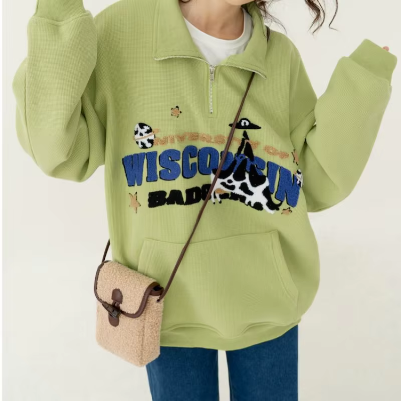 Avocat vert mignon vache broderie POLO sweat demi fermeture éclair ample décontracté étudiants fille