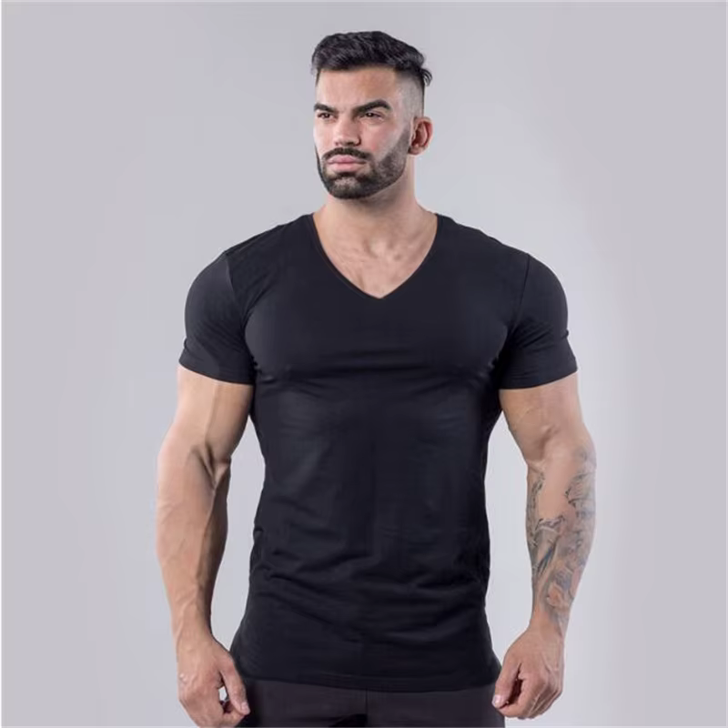 T-shirt de sport en coton uni pour hommes, vêtements de Fitness d'été, col en v, manches courtes, co