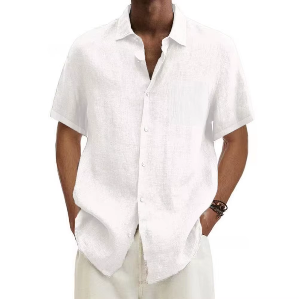 Chemises à manches courtes pour hommes, en coton et lin, couleur unie, col rabattu, décontracté, Sty