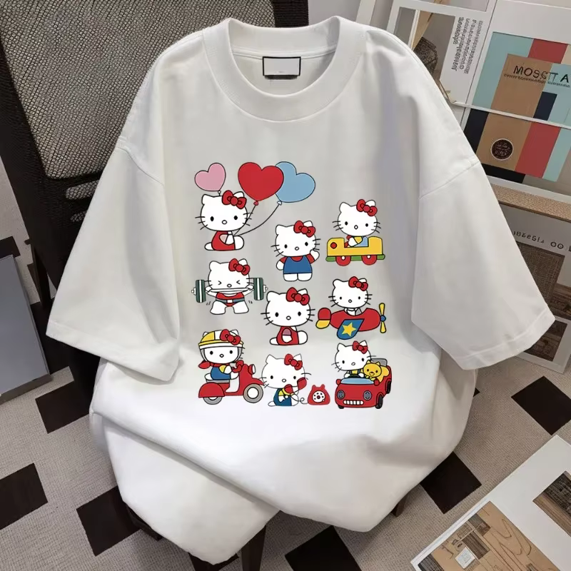 Hello Kitty Kawaii coton T-shirt Sanrioed Anime mode femmes haut été décontracté rue personnalisé do