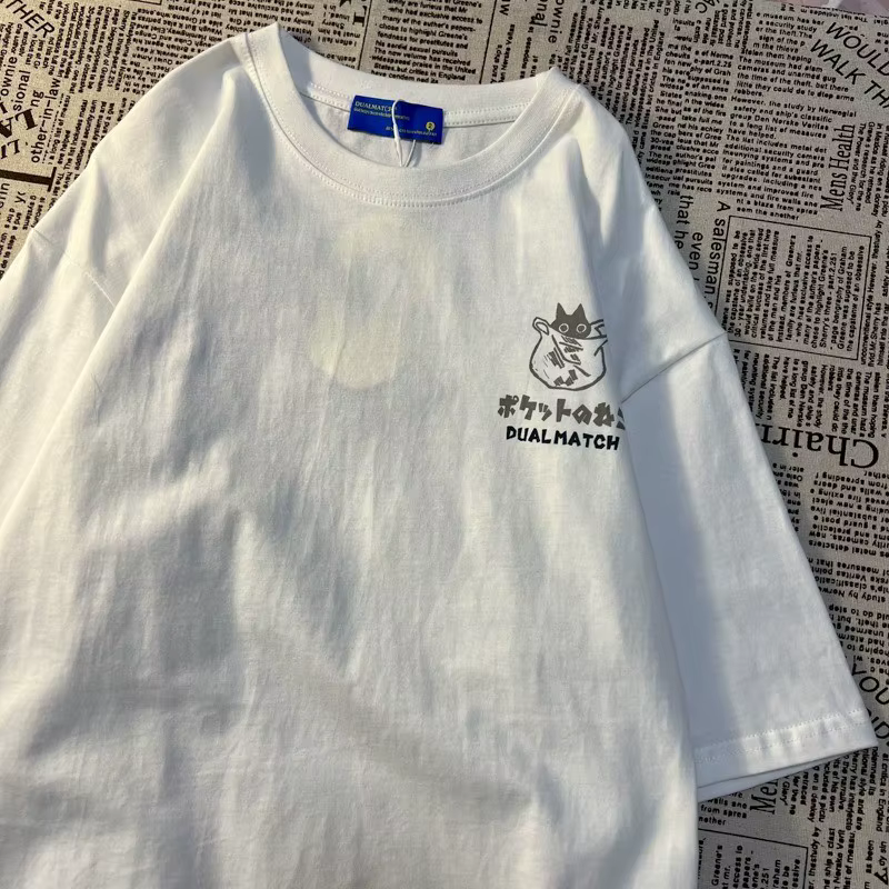 Été japonais rétro poche chat dessin animé imprimé à manches courtes T-shirt hommes femmes Couples u