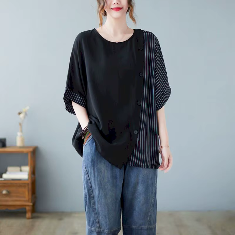 T-shirt à manches courtes en coton et lin pour femme, haut patchwork rayé, design boutonné, tendance