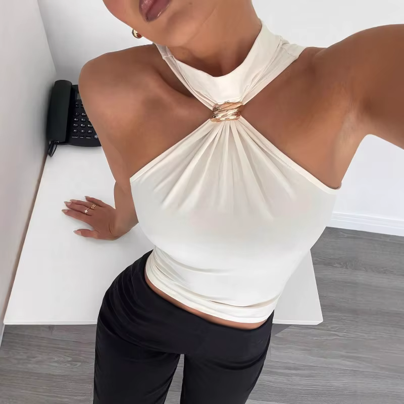 Débardeur sans manches pour femme avec anneau métallique décoratif et nœud torsadé, style décontract