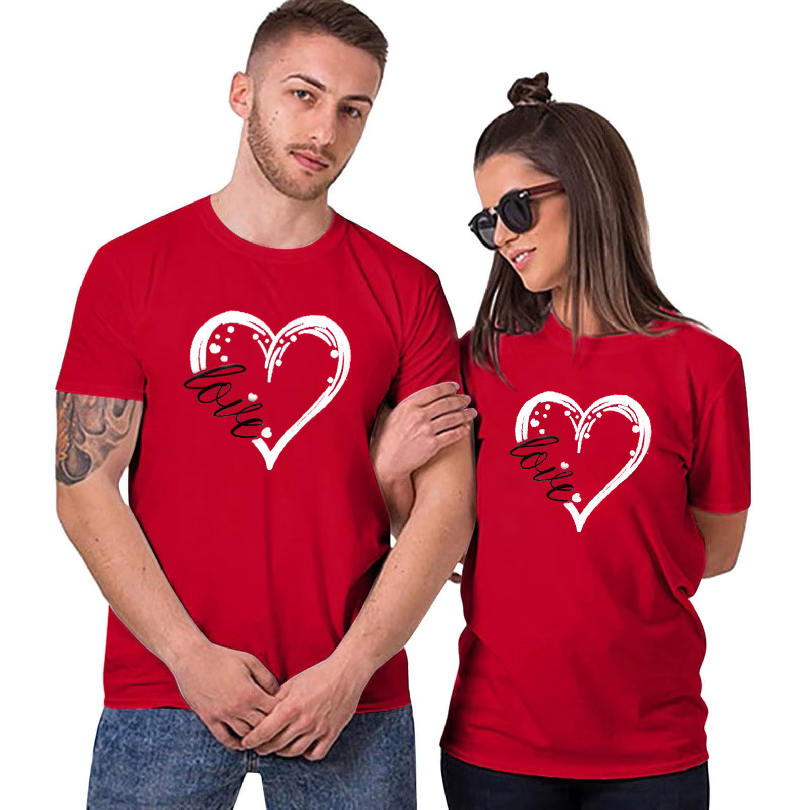 Amour coeur imprimé Couple t-shirt à manches courtes col rond lâche amoureux t-shirt femmes hommes t