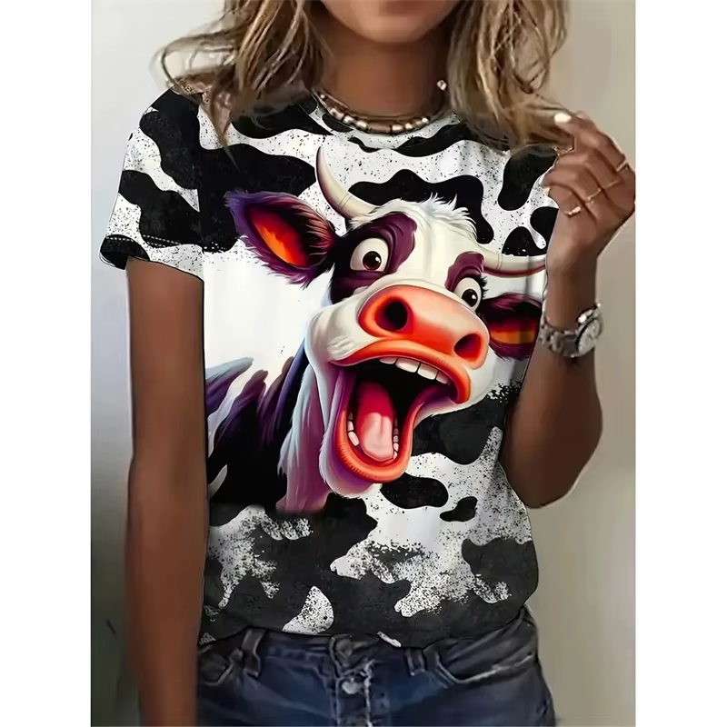 T-Shirt à motif de vache heureuse pour femmes, Animal drôle imprimé en 3D, t-shirts à la mode d'été,