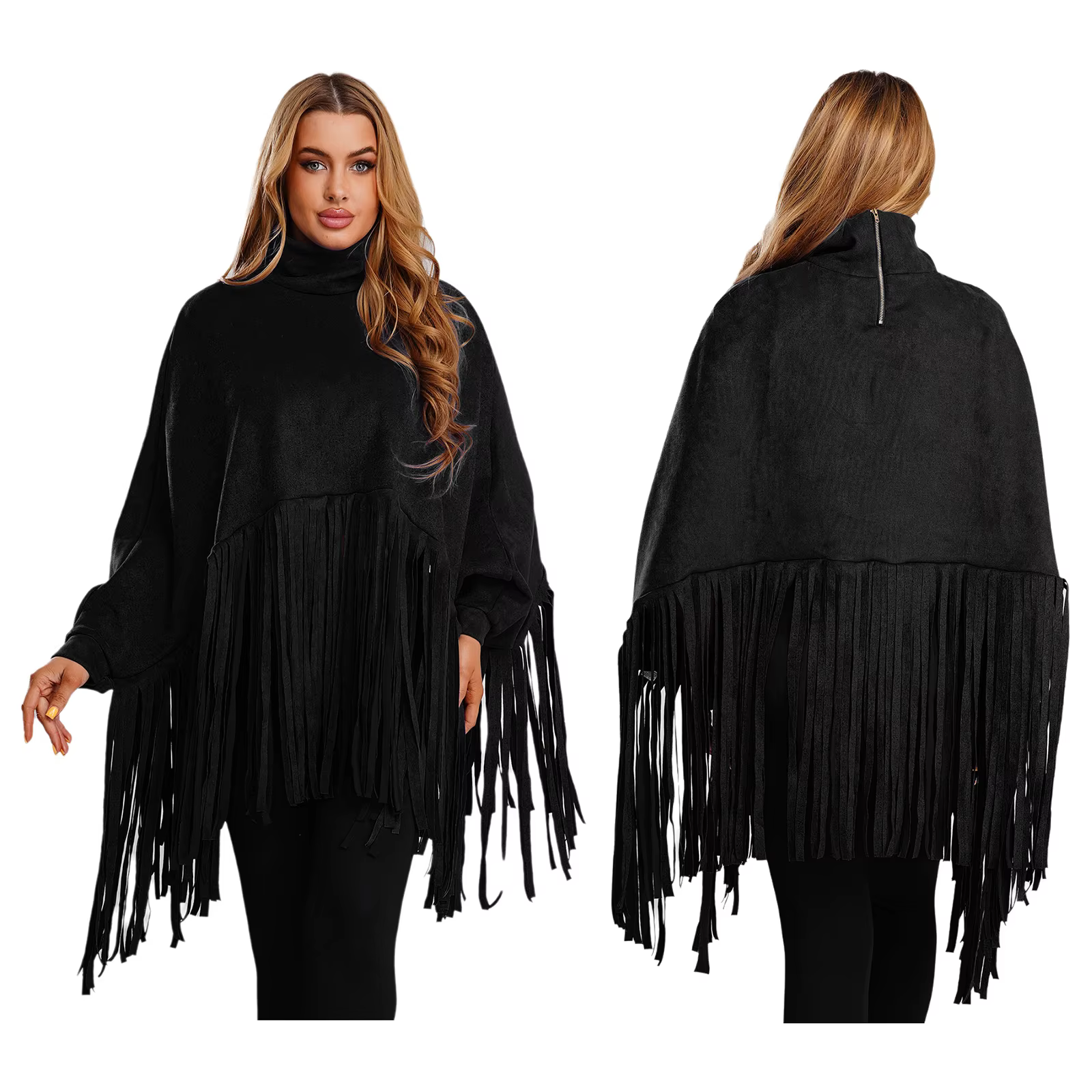 Pull rétro en Faux daim pour femmes, haut à franges, Cape, col montant, fermeture éclair sur le deva