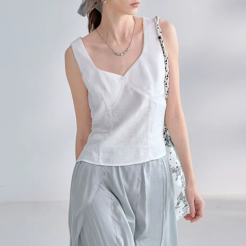 Nouveau débardeur élégant pour femme 100% lin à col en V et bordure en dentelle, sans manches, coupe