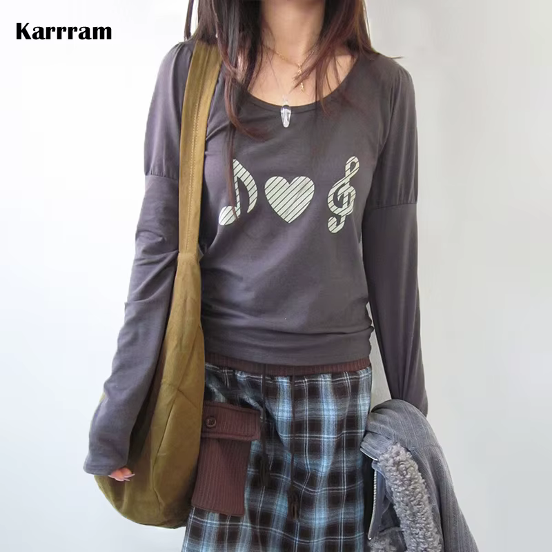 T-shirt Karrram japonais Y2k à imprimé cœur, vintage Harajuku, manches longues, gris, style coréen d