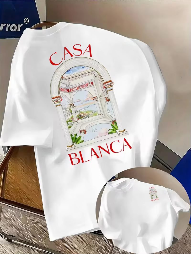 Nouveau T-shirt graphique architectural esthétique Casablanca 2026, décontracté à col rond et manche