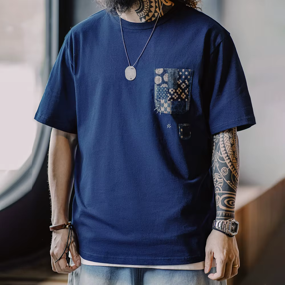 T-shirt à manches courtes en coton bleu teinté rétro Maden, tissu ancien, poche, col rond, haut pour