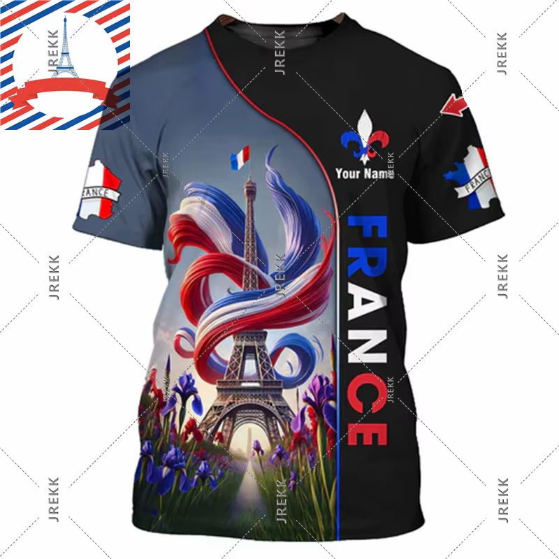 T-shirt à col ras du cou pour hommes, maillot de Football drapeau français, imprimé coq en 3D, nom p