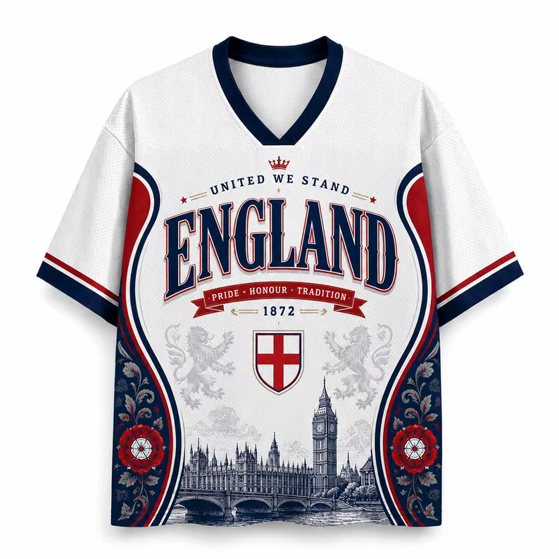 Maillot de football respirant à col en V en maille imprimé pour supporters d'Angleterre 2026 – Un in