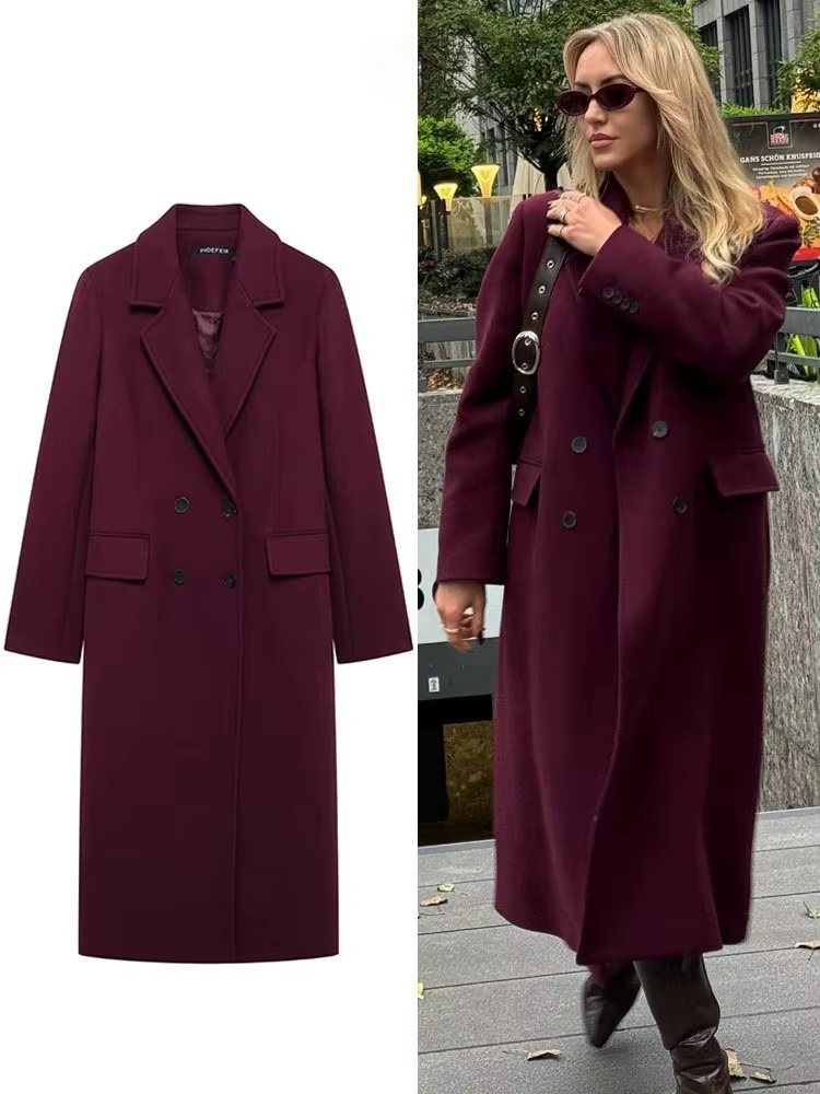 HH femmes mode bordeaux manteau Double boutonnage à manches longues revers mélanges veste automne hi