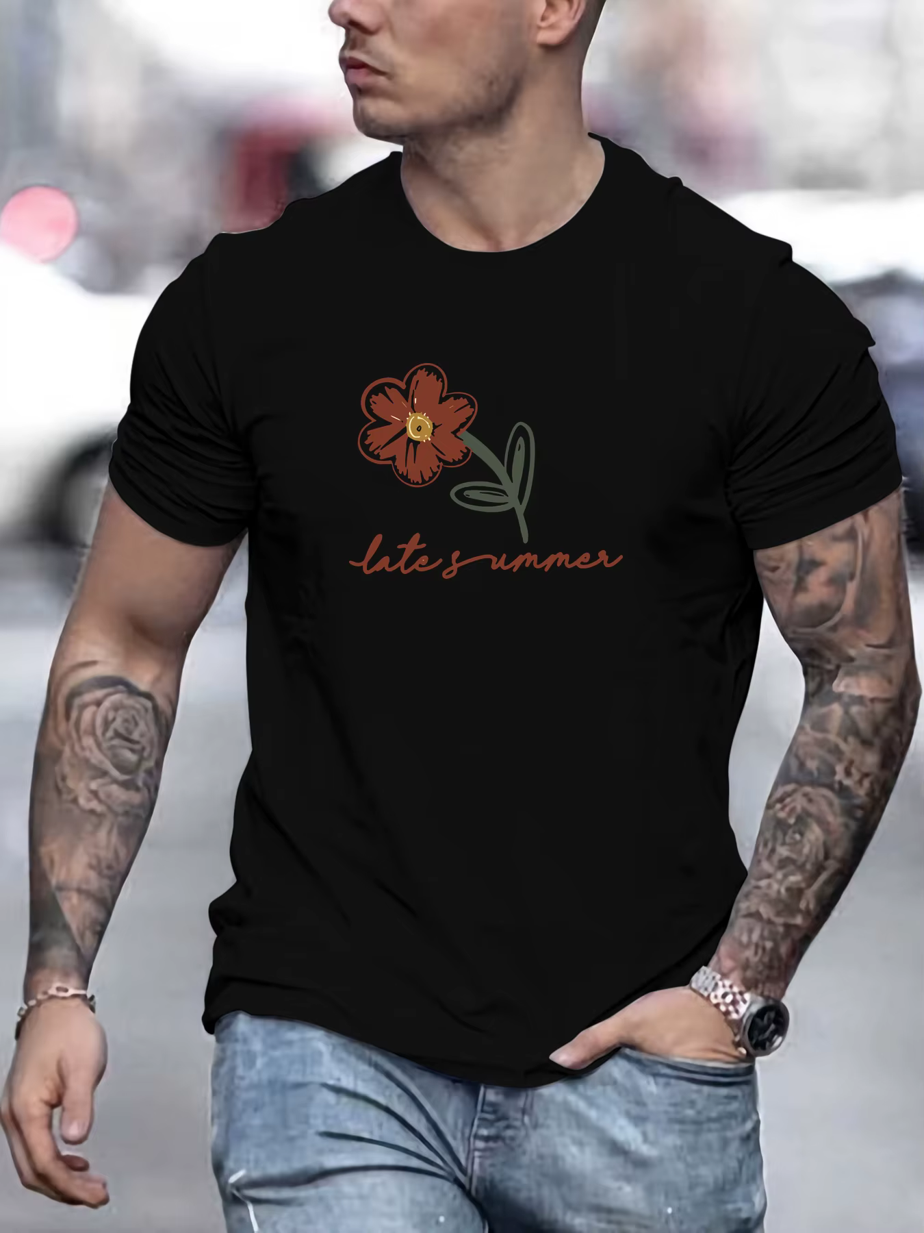 T-Shirt pour hommes, élégant, fin d'été, graphique floral, délicat, rétro, typographie imprimée, hau