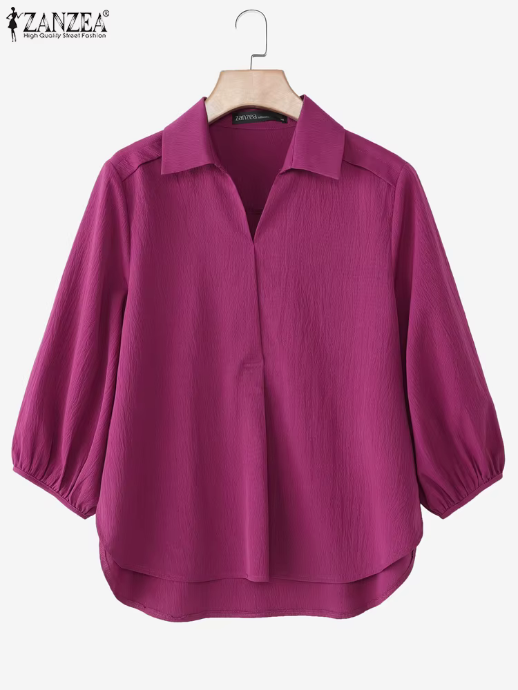 ZANZEA femmes chemisier asymétrique 3/4 lanterne manches couleur unie hauts mode col rabattu tunique