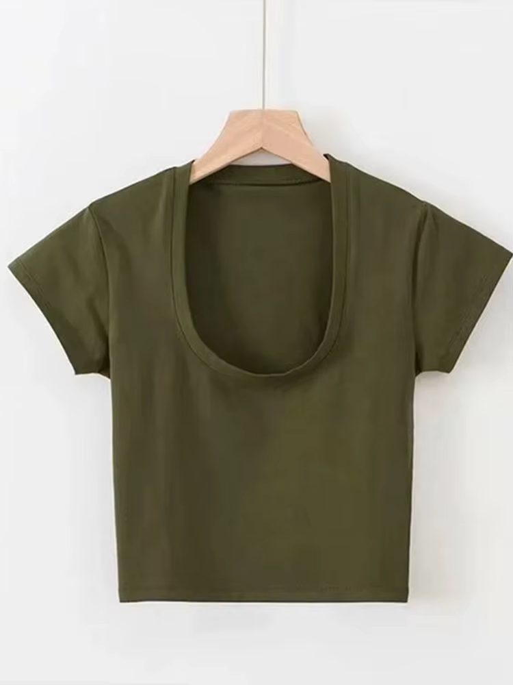 Haut court à col en U pour femmes, couleur unie, décontracté, taille haute, t-shirt basique, Sexy, S