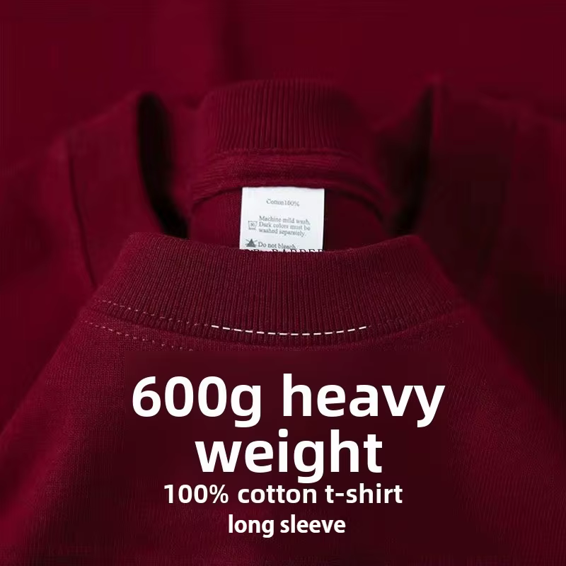 600G/ ㎡   T-shirt à manches longues pour hommes, chemise à bascule avec petit décolleté, ample, pur 