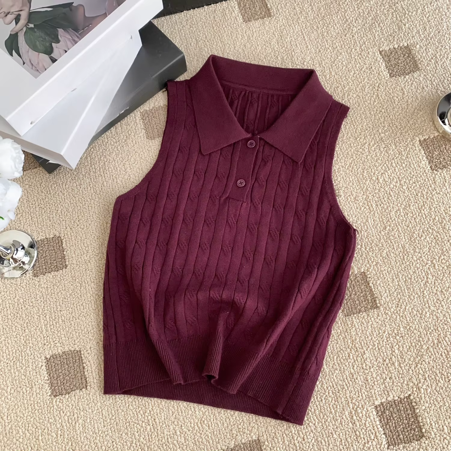 REALEFT été col Polo femmes tricoté T-shirts 2025 nouveau solide sans manches boutons tricots décont