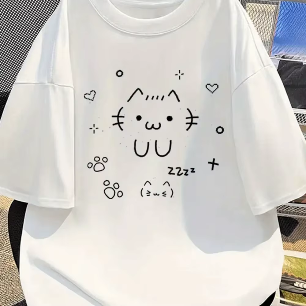 UU dessin animé imprimé mode motif T-shirt décontracté à manches courtes blanc T-shirt mignon chat é