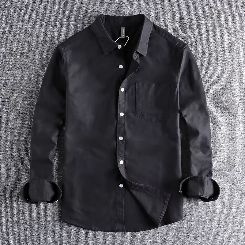 Chemise à Manches sulfen Tissu Oxford Délavé pour Homme, Haut Décontracté Basique avec Poche Simple,