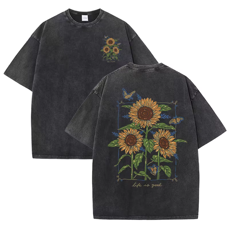 Ascenseur est bon beau tournesol imprimé lavé t-shirts femmes doux coton T-Shirt rue créative à manc