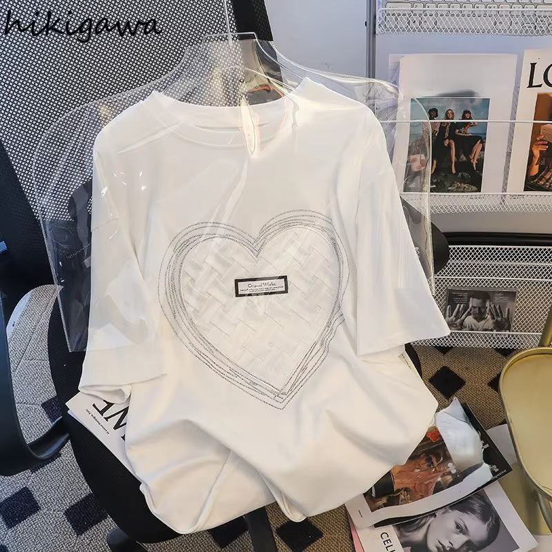 T-shirts coréens pour femmes, vêtements surdimensionnés, manches courtes, col rond, Chic, en coton, 