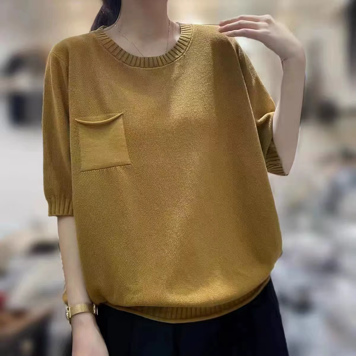 T-shirt à manches courtes pour femme, pull 2023 coton, poche adt, printemps, été, 100%