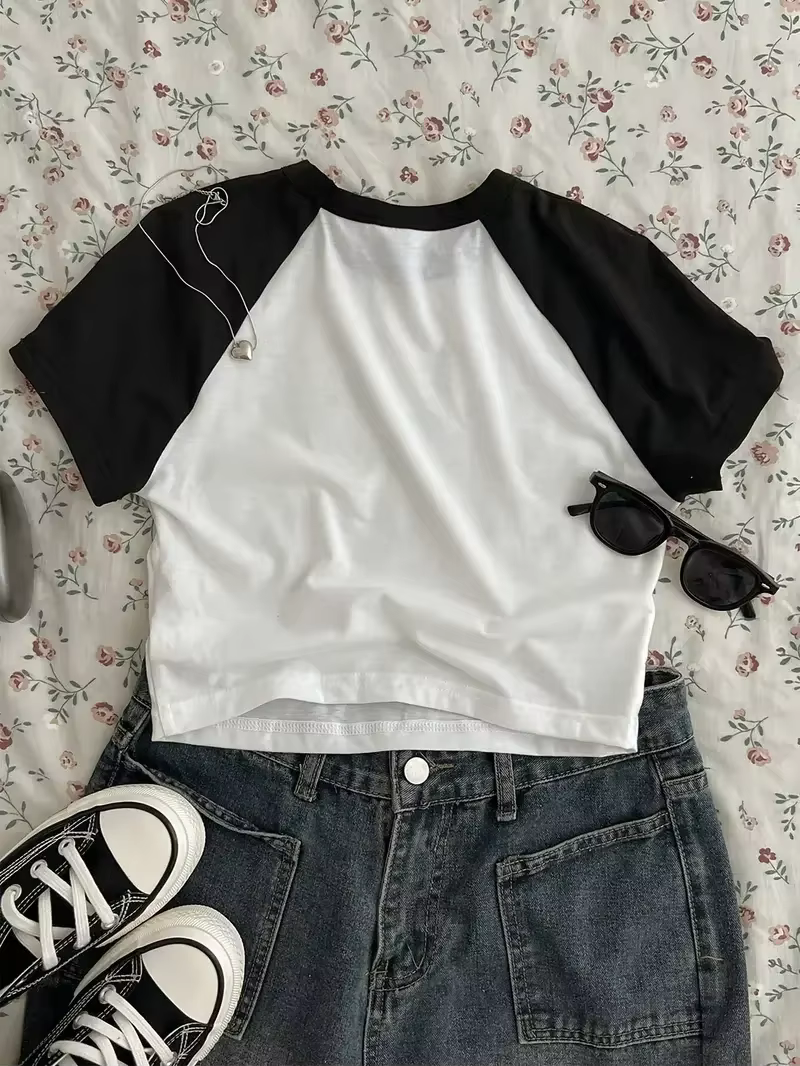 Chat mignon T-shirt imprimé haut court Sexy recadrée à manches courtes col rond T-shirt pour les fem