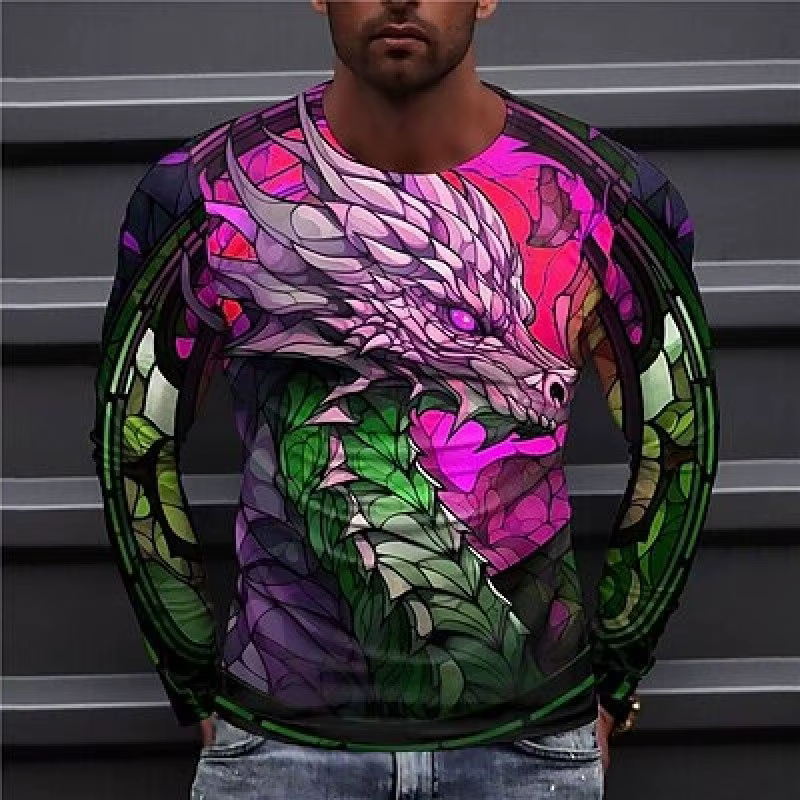 T-shirt Dragon coloré à manches longues et col rond pour hommes, hauts décontractés, vêtements de ru