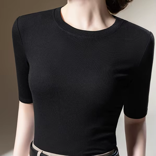 T-shirt femme à manches mi-longues, col rond, couleur unie, coupe ajustée, style décontracté, nouvel