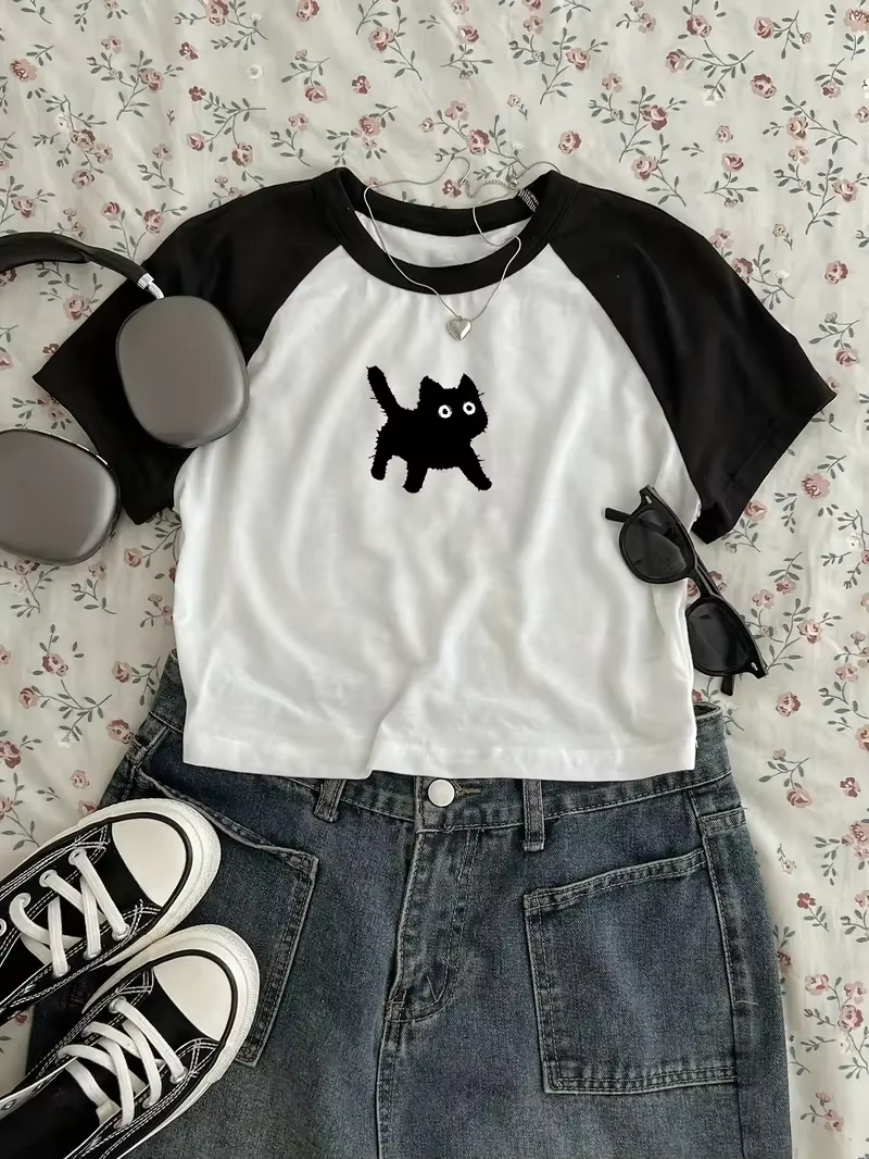 Chat mignon T-shirt imprimé haut court Sexy recadrée à manches courtes col rond T-shirt pour les fem
