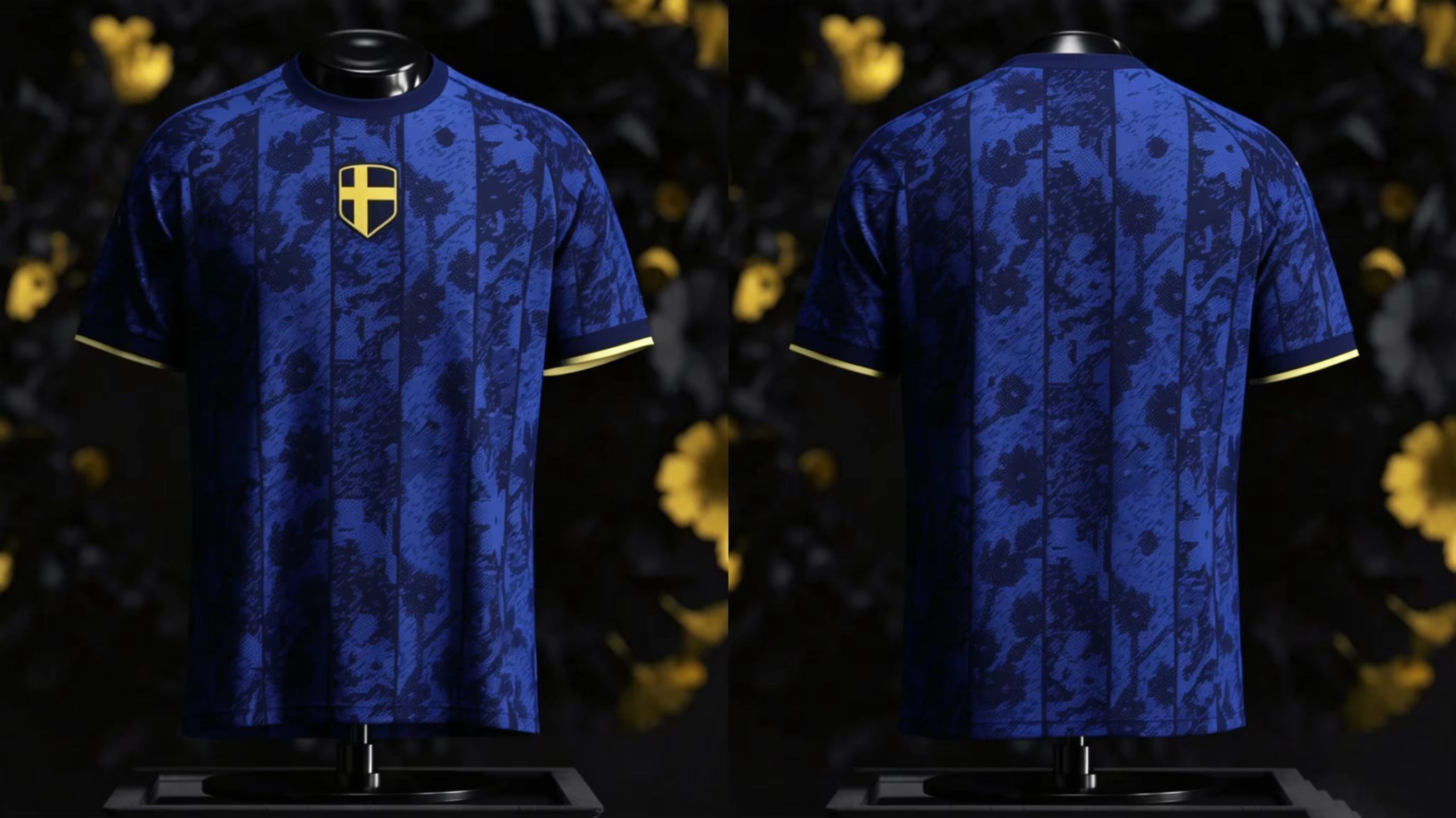 T-shirt de football vintage à imprimé floral bleu foncé, maillot de sport jaune avec croix de Suède 