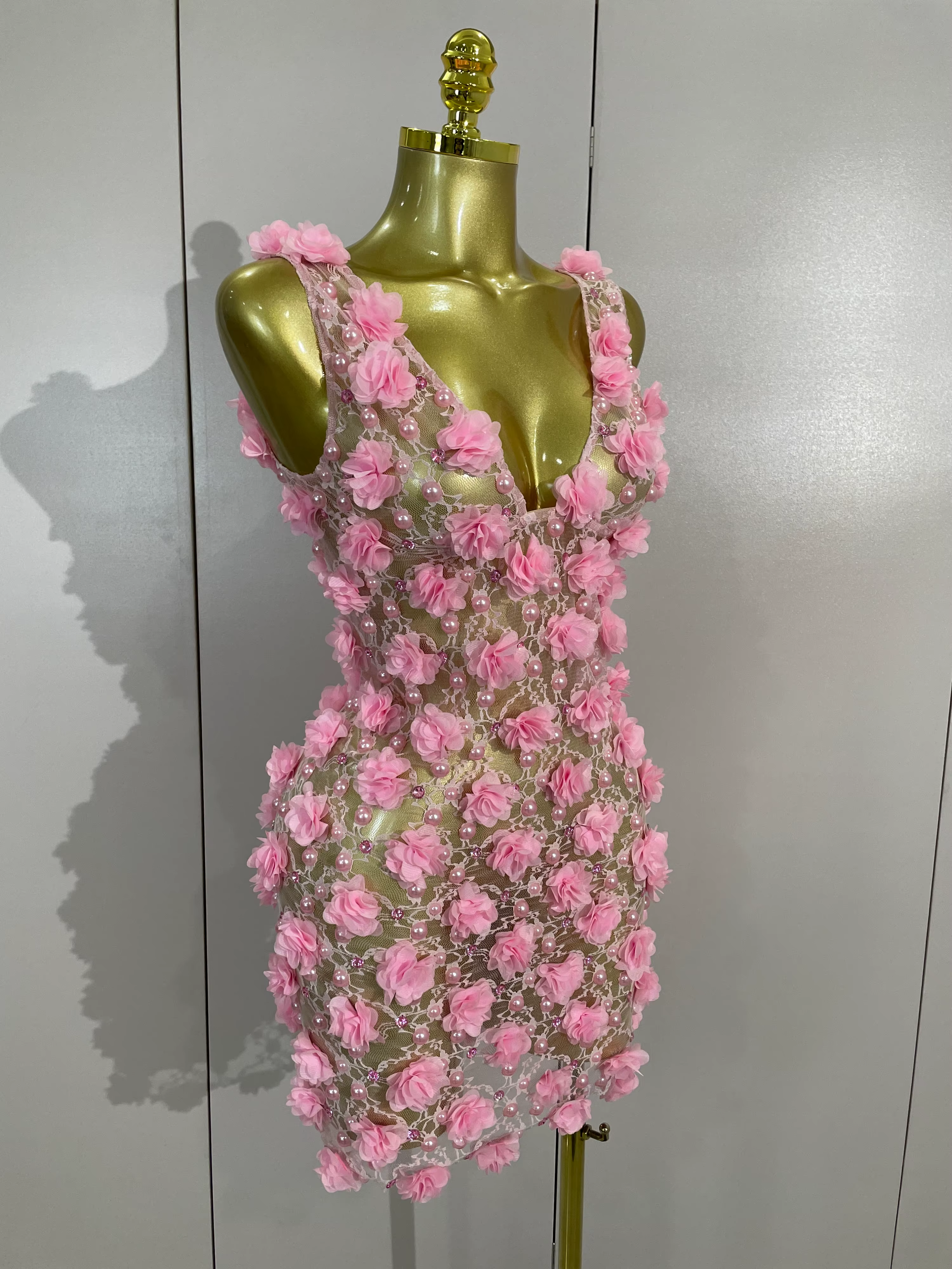 Robe de soirée pour femmes, robe de club, robe d'anniversaire, robe rose à fleurs en perles, robe en