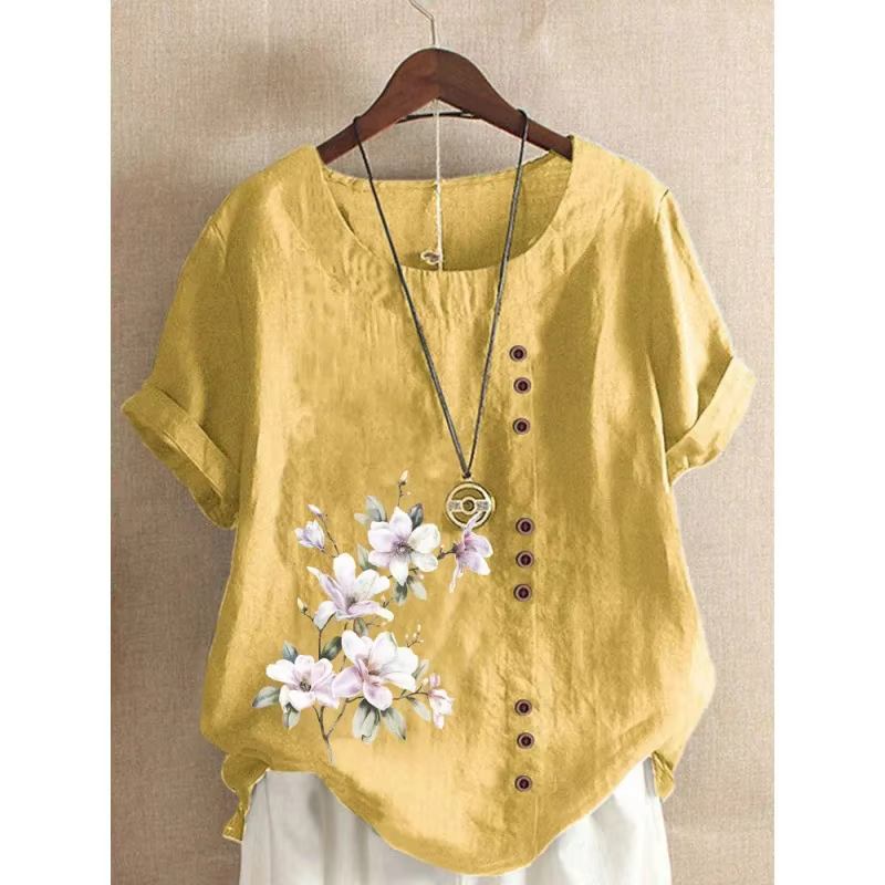 T-shirt en lin de coton confortable pour femme, t-shirts à imprimé fleuri, simple boutonnage, décora